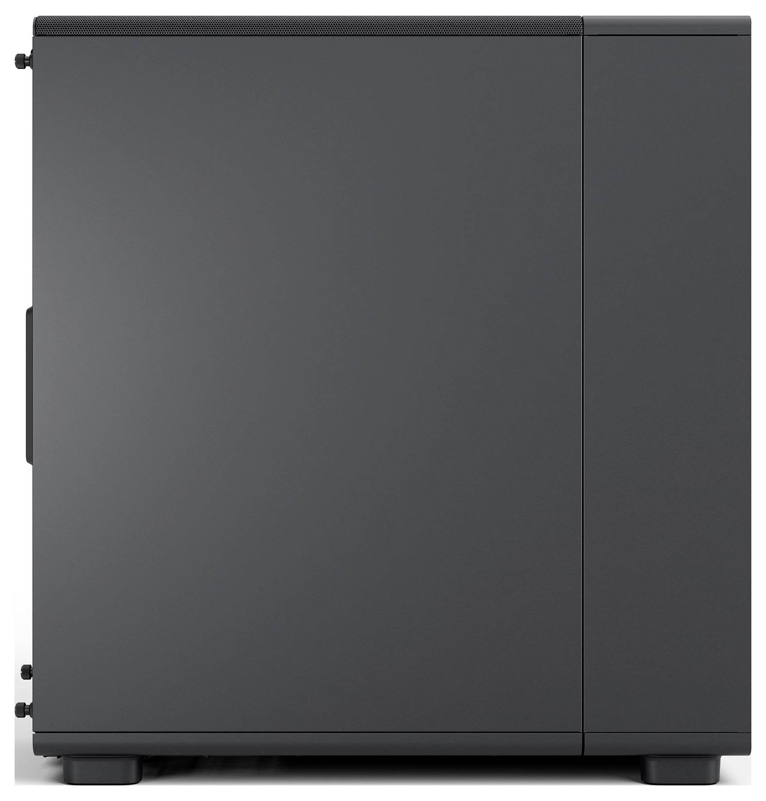 Ein schwarzer Computer-Tower mit einem schlanken, minimalistischen Design, das glatte Oberflächen und keine sichtbaren Logos oder Markierungen aufweist.