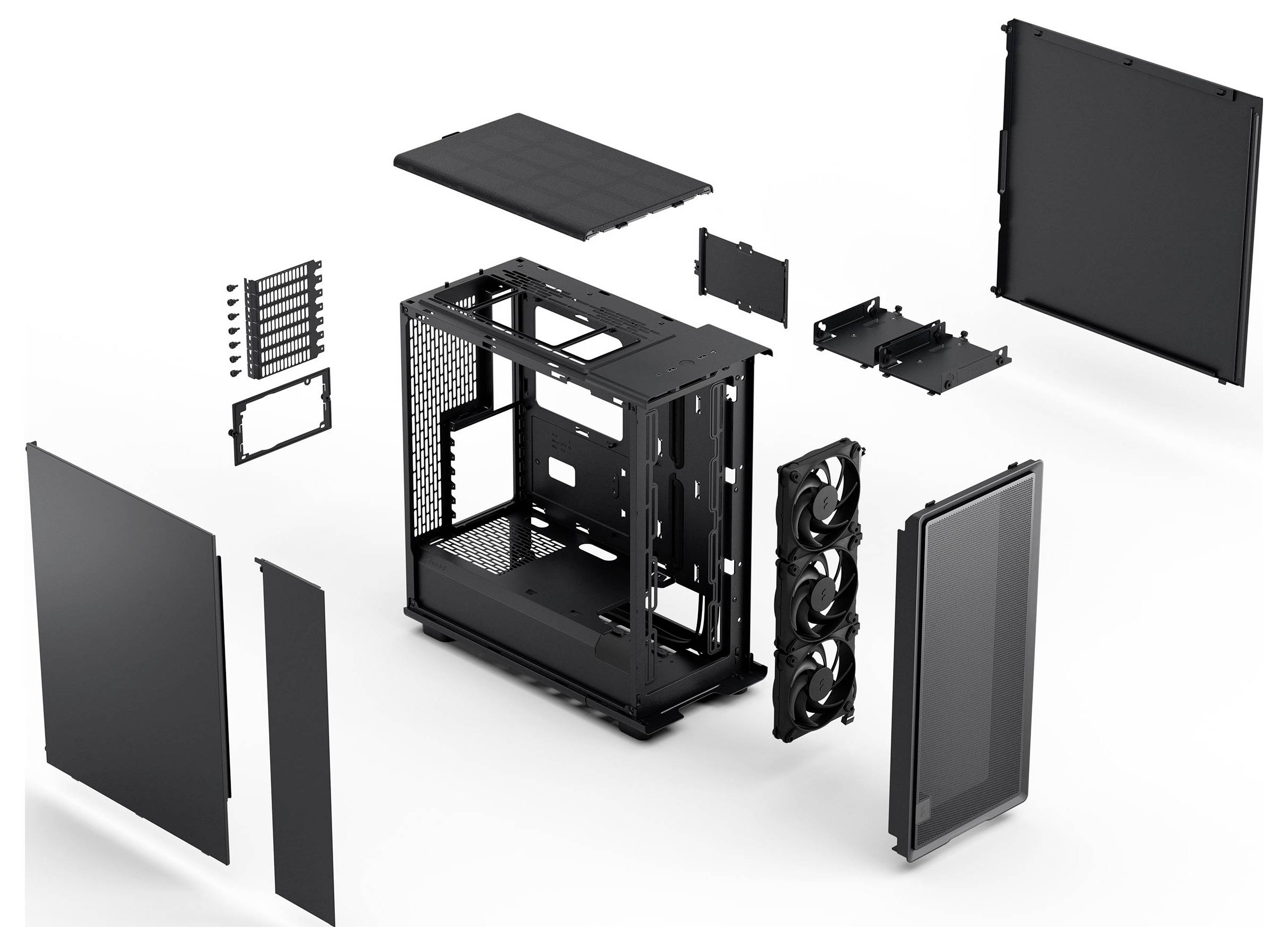 Explosionszeichnung eines schwarzen Computergehäuses, die Platten, Lüfteranordnung und interne Strukturkomponenten getrennt und um den Rahmen herum angeordnet zeigt.