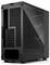 Ein schwarzes Computer-Tower-Gehäuse mit seitlicher Belüftung, Anschlüssen und Steckplätzen für Komponenten.