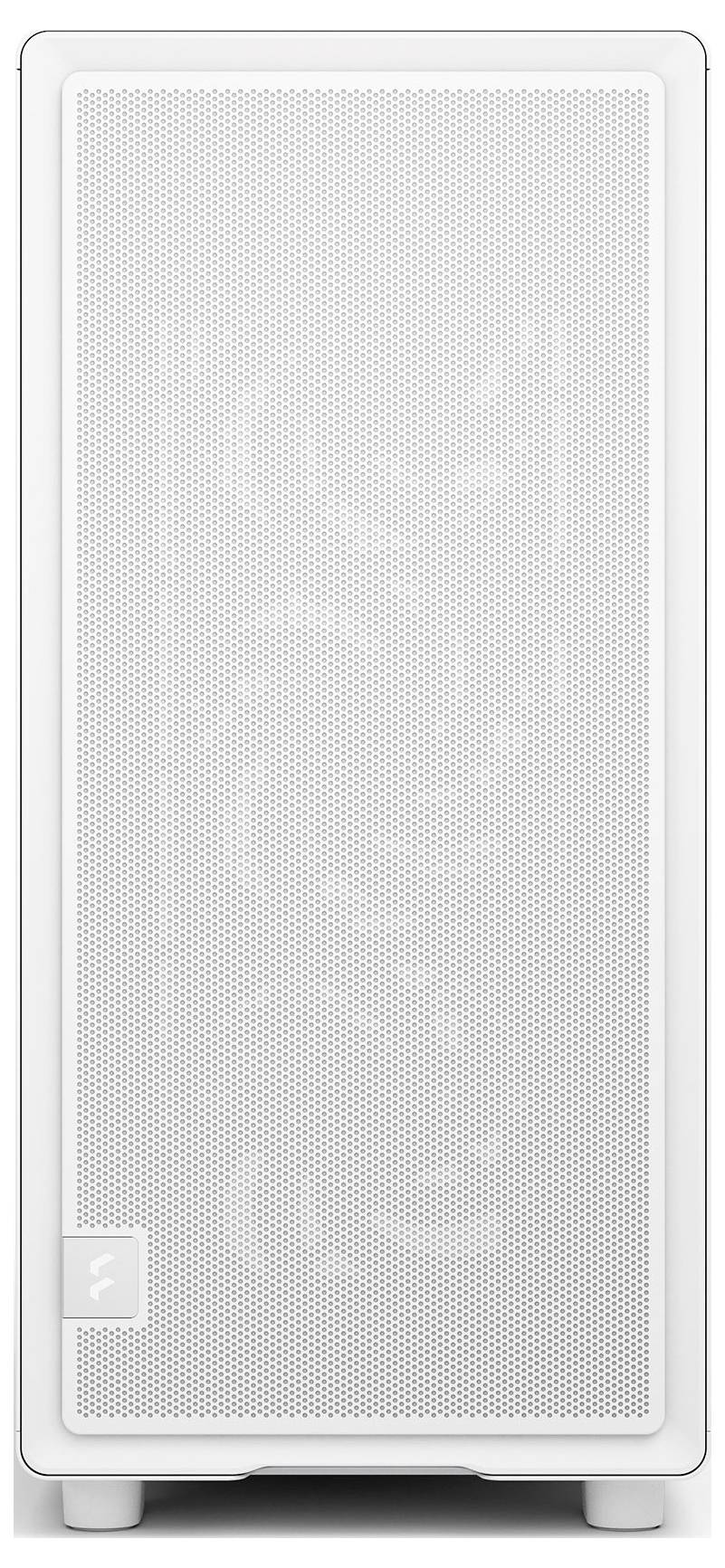 Ein weißer Computer-Tower mit gelochter Frontblende steht aufrecht. Er ist minimalistisch gestaltet und trägt ein kleines Logo unten links.