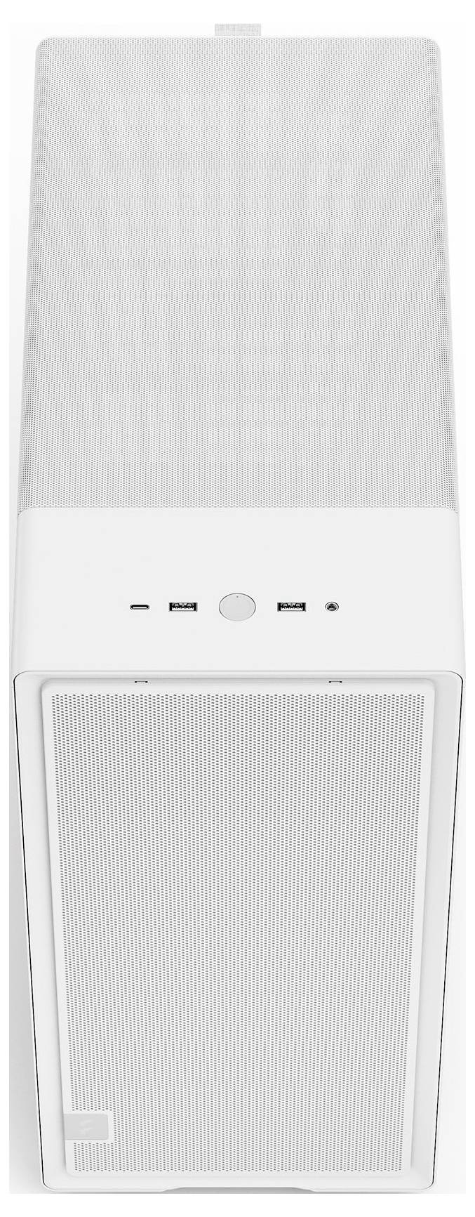 Ein weißer rechteckiger Computertower mit einer Frontblende aus Gitter und nach vorne gerichteten Anschlüssen und Einschaltknopf oben.
