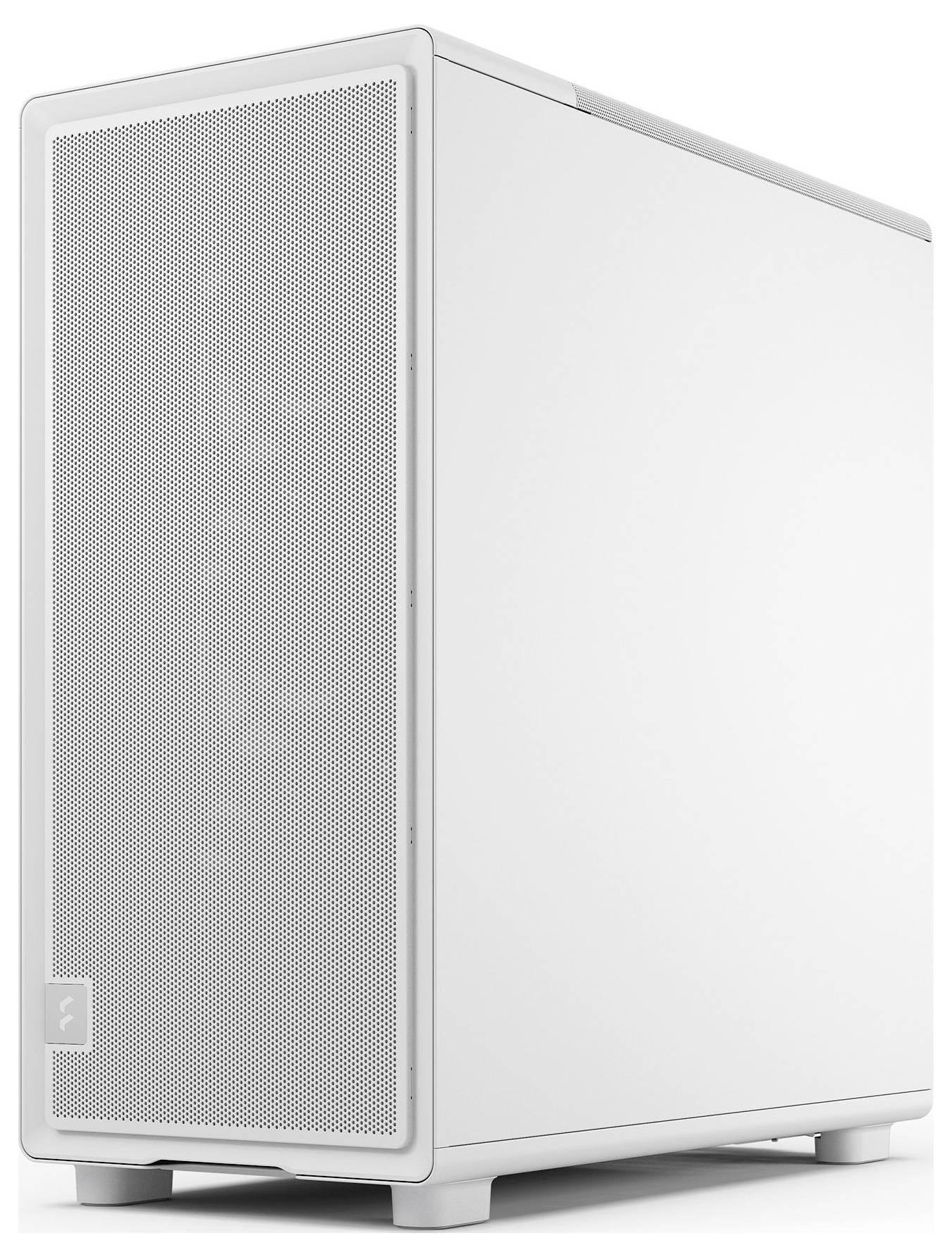 Ein weißer Computertower mit einem Frontpanel aus Gitter, der auf einer ebenen Oberfläche steht und ein minimalistisches Design aufweist.