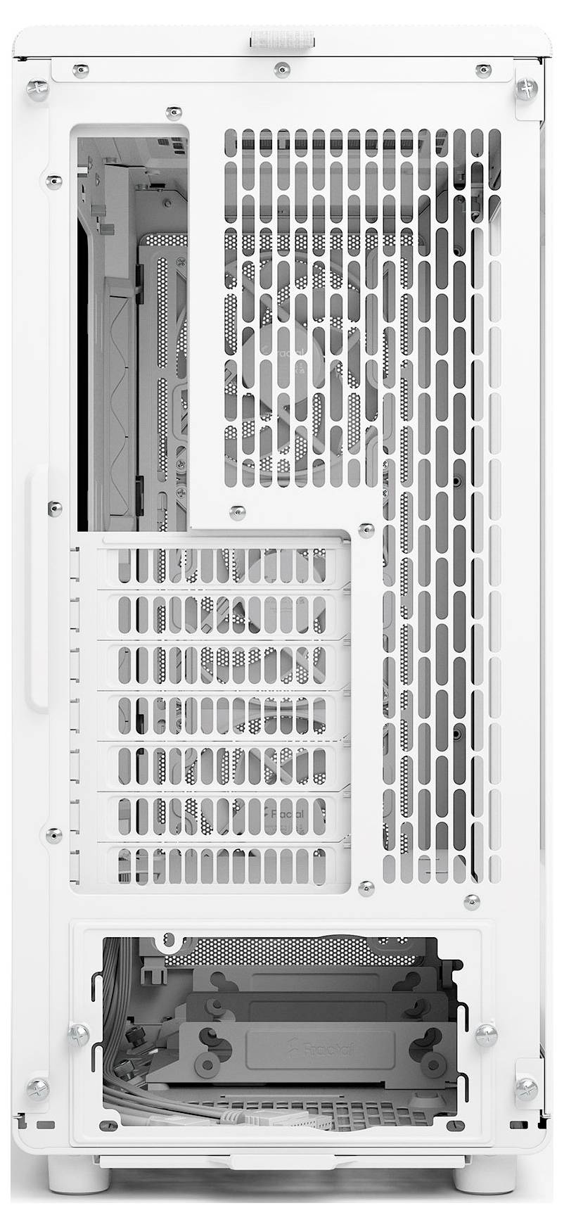 Eine Ansicht der Rückseite eines weißen Computer-Tower-Gehäuses, die mehrere Erweiterungssteckplätze, Lüftungsgitter und einen Netzteilsteckplatz am unteren Rand zeigt.