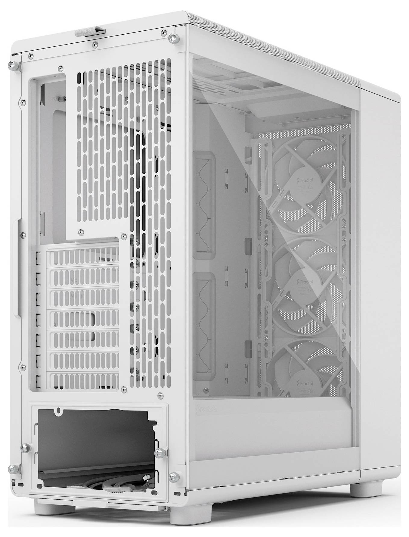 Ein weißes Computergehäuse mit transparentem Seitenfenster, das den Innenraum für Komponenten und mehrere Lüfterbefestigungen zeigt, von hinten betrachtet.