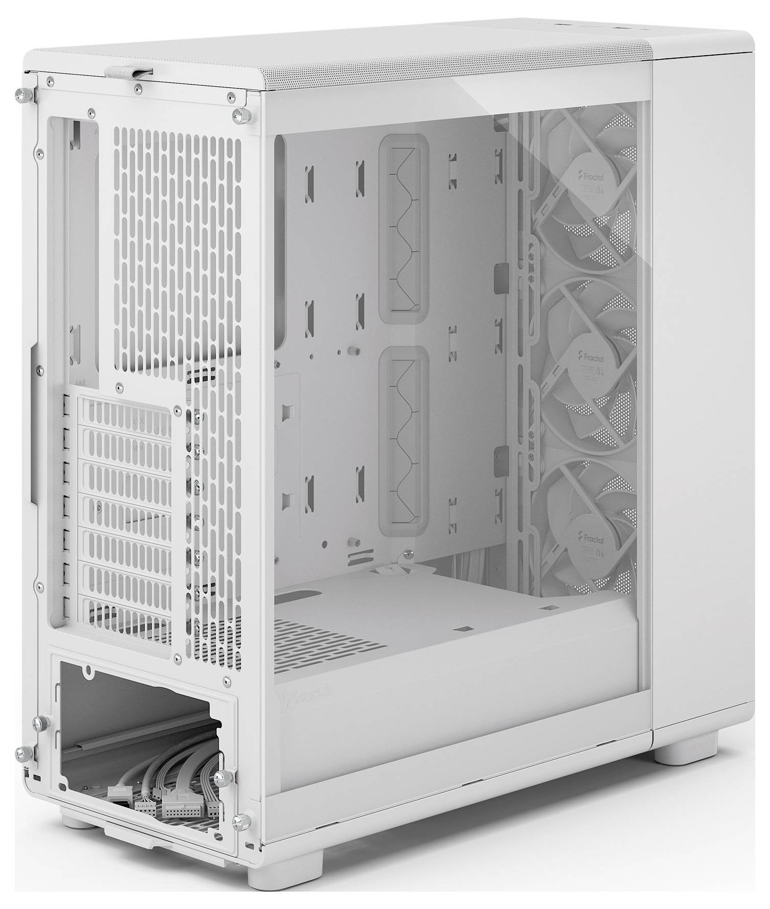 Ein weißes Computer-Gehäuse mit einem transparenten Seitenpanel. Das Innere verfügt über Montageslots für Komponenten und drei vorinstallierte Lüfter.