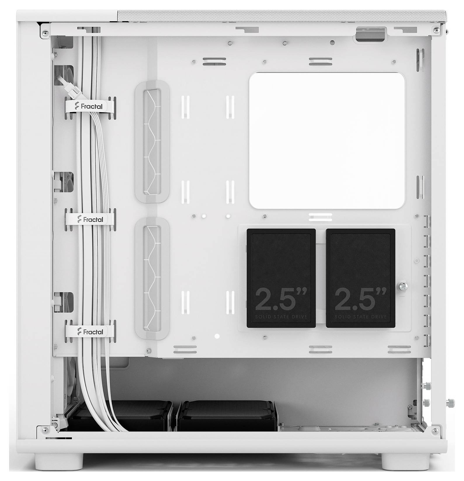 Das Innere eines Computergehäuses mit gekennzeichneten Bereichen für Kabelmanagement und Laufwerkspeicher, einschließlich Steckplätzen mit der Bezeichnung '2,5"' für SSDs.