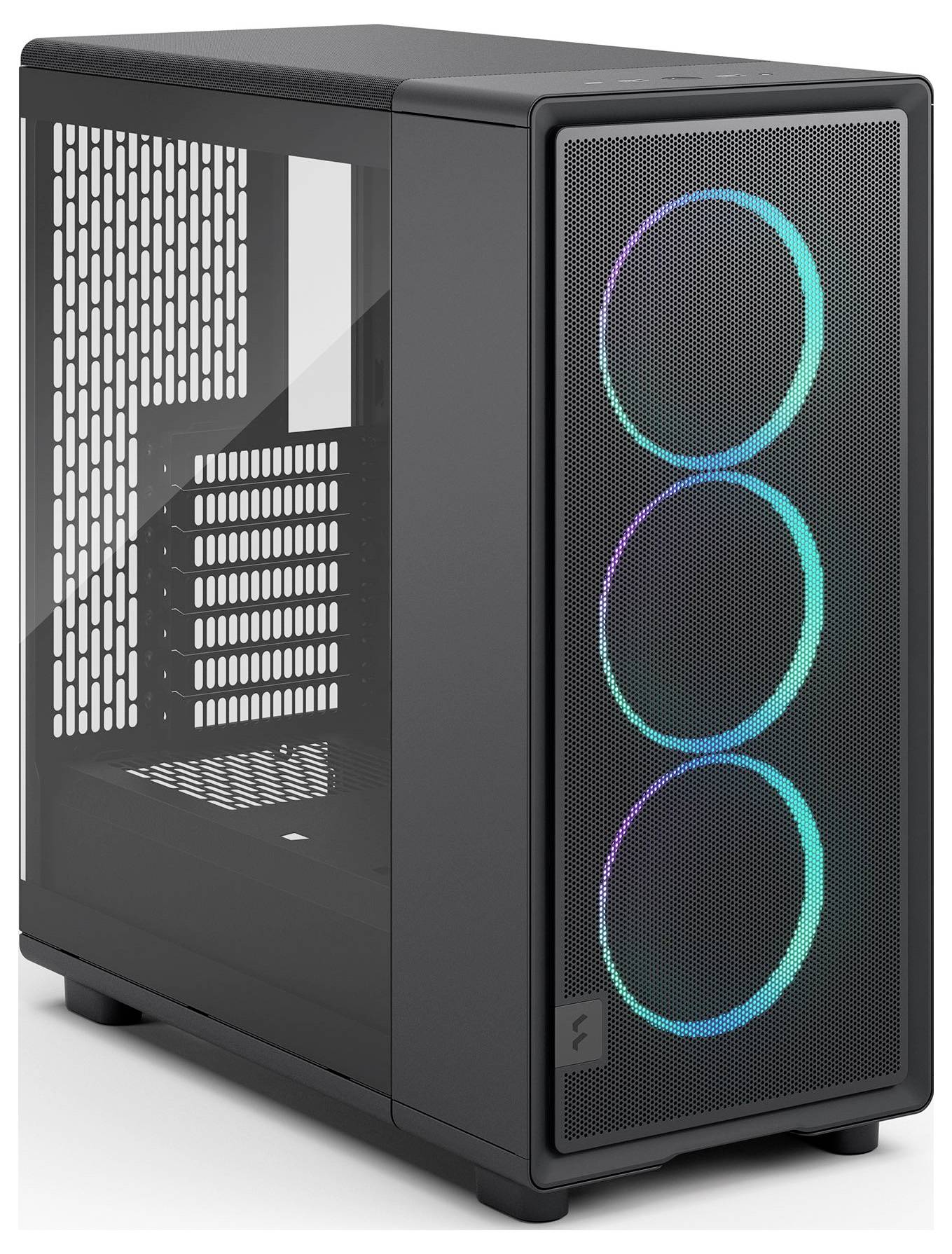 Ein schwarzes PC-Gehäuse mit Seitenscheibe aus Glas und Meshfront, ausgestattet mit drei kreisförmigen RGB-beleuchteten Lüftern.