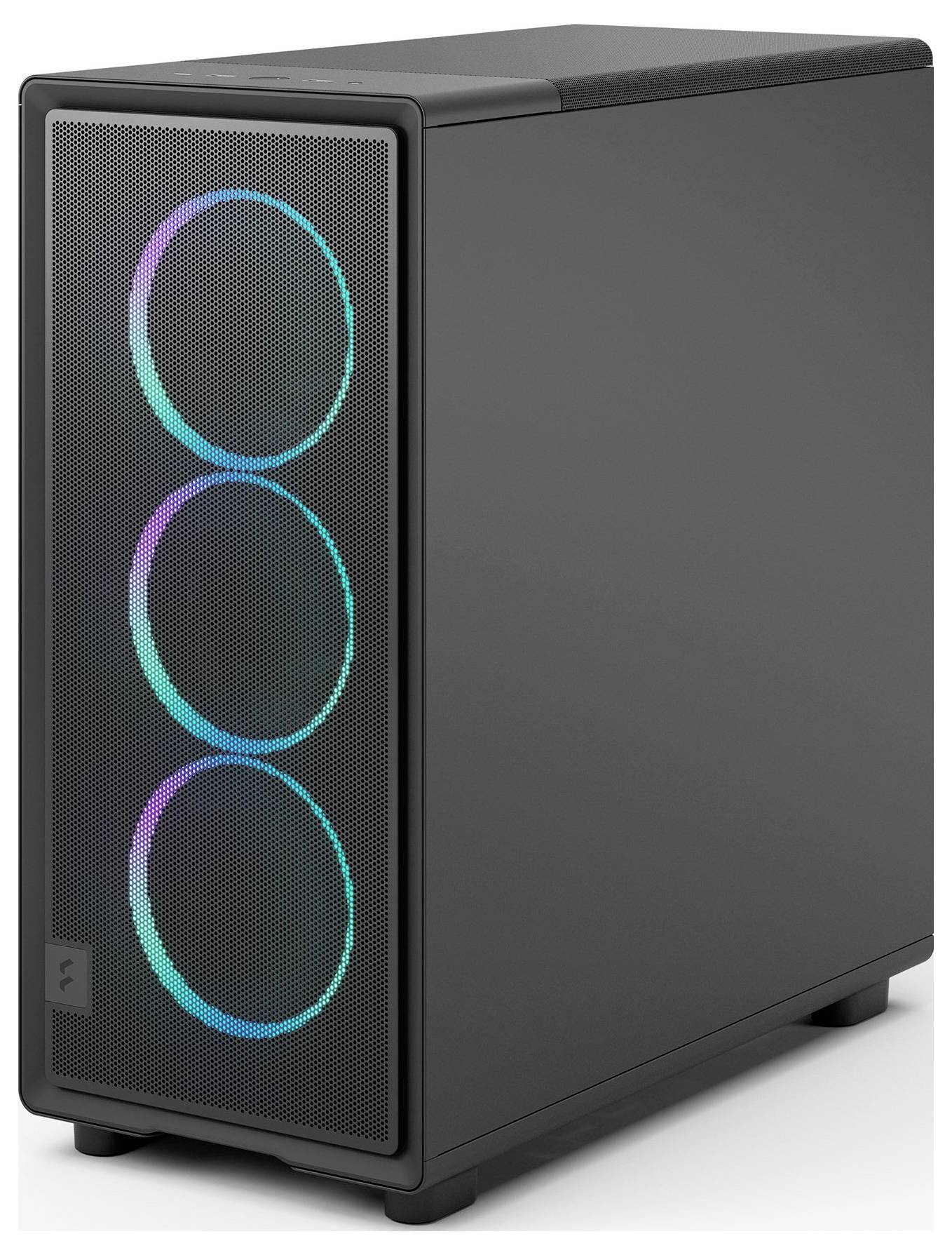 Ein schlanker schwarzer Computertower mit Frontgitter verfügt über drei kreisrunde RGB-beleuchtete Lüfter, die ein lebendiges Blau und Rosa ausstrahlen.
