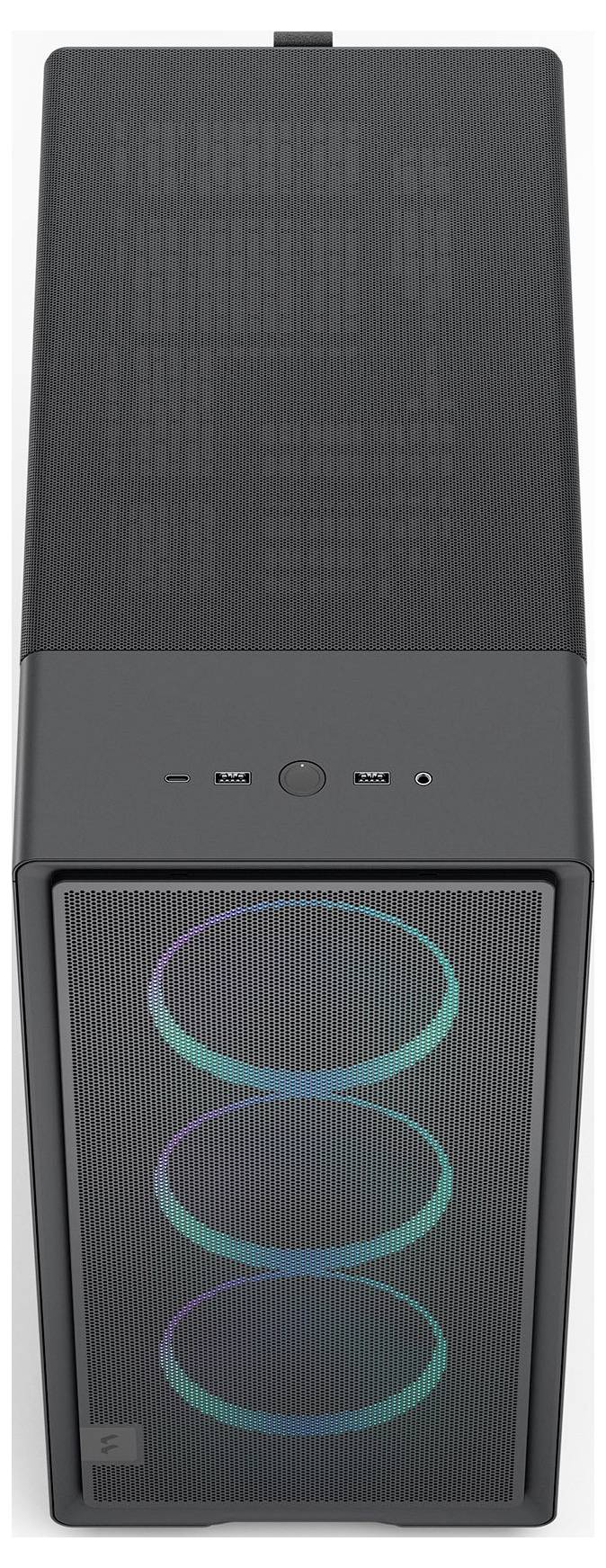 Ein schwarzer Computer-Tower mit einer Frontblende aus Maschengewebe und drei vertikal angeordneten kreisförmigen RGB-Lüftern. Die Oberseite verfügt über USB- und Audioports.