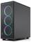 Ein schlanker schwarzer Computertower mit einem Frontpanel aus Mesh, das drei kreisförmige RGB-Lichtrringe aufweist und ein minimalistisches Design präsentiert.