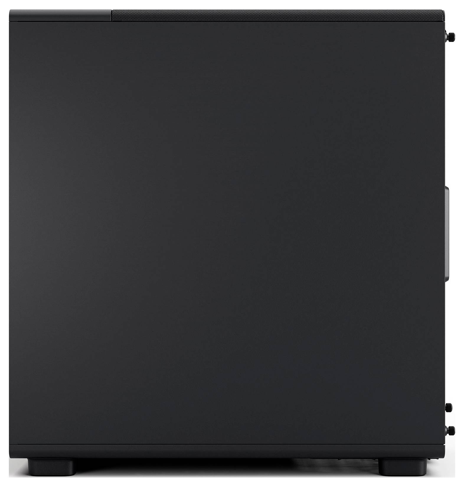 Eine schwarze, geschlossene, rechteckige Box mit einem seitlichen Griff, höchstwahrscheinlich eine Computer-CPU oder Speichereinheit.