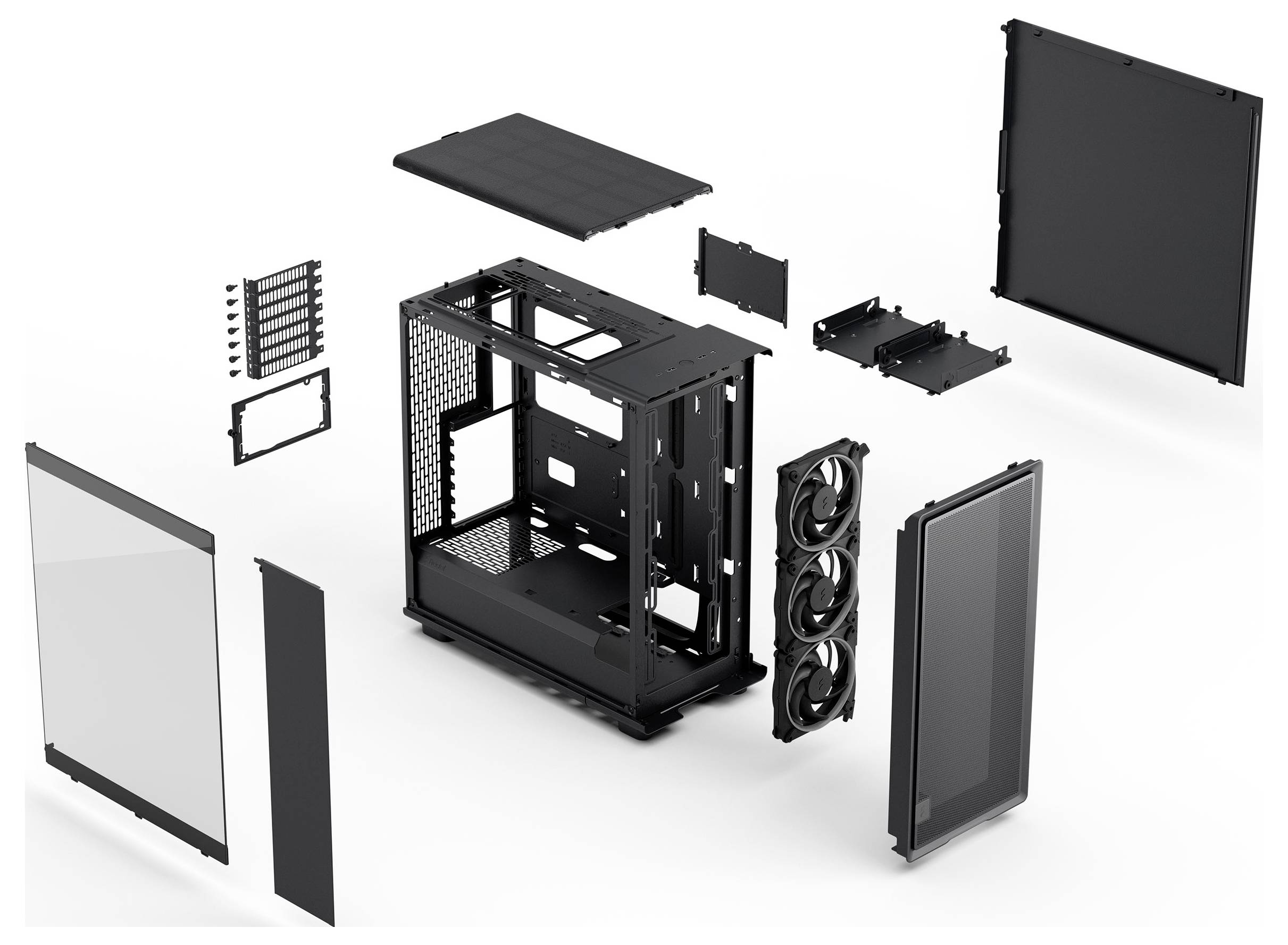 Explosionszeichnung eines schwarzen Computergehäuses, die separate Platten, Rahmen und Lüfter zeigt. Bietet einen detaillierten Einblick in die Komponenten des Gehäuses.