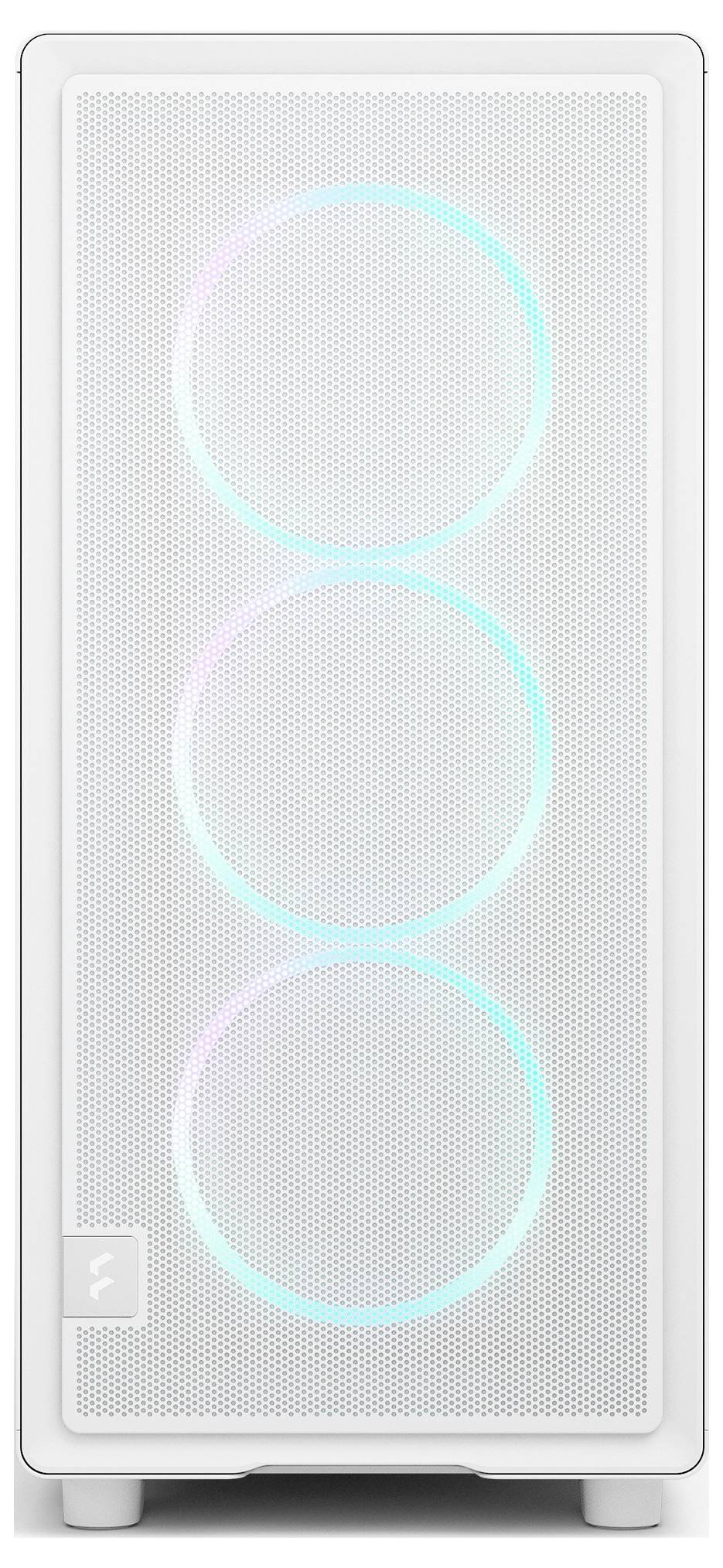 Ein weißer Computertower mit einer Frontblende aus Gitter, ausgestattet mit drei vertikal angeordneten RGB-beleuchteten Lüftern.