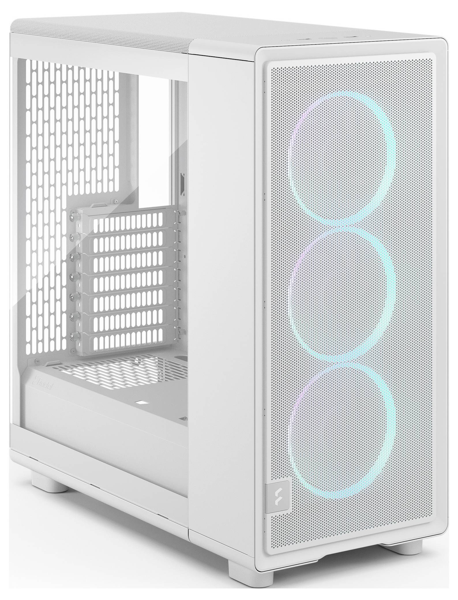 Ein weißes Computer-Tower-Gehäuse mit drei kreisförmigen RGB-Lüftern auf der Frontplatte, einer transparenten Seitenwand und Lüftungsgittern.