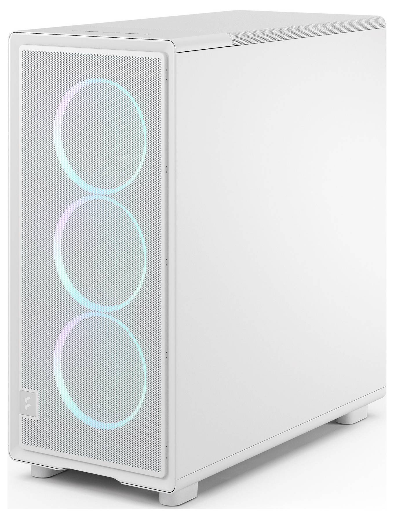 Ein weißer Computer-Tower mit einem Frontpanel aus Gitter, das drei kreisförmige RGB-beleuchtete Lüfter aufweist, die Kühlung und ästhetische Attraktivität bieten.