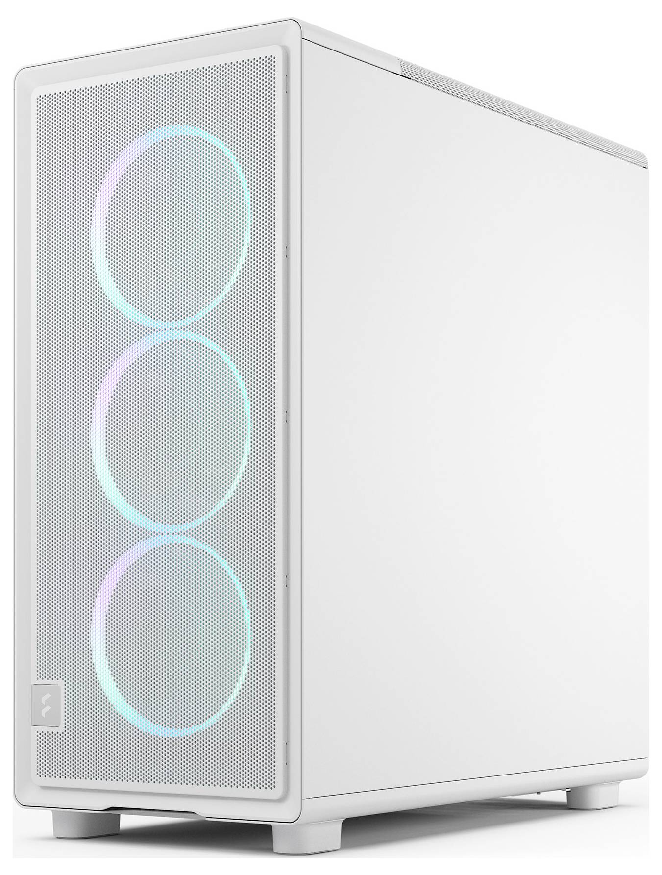Ein weißer Computertower mit einer Frontblende aus Gitter, die drei kreisförmige RGB-beleuchtete Lüfter aufweist.