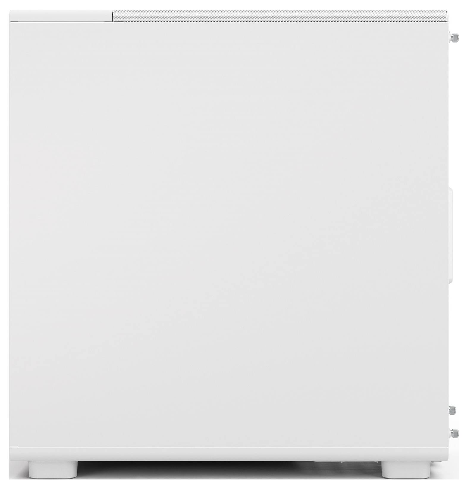 Ein weißer rechteckiger Schrank mit nahtloser Vorderseite, der auf vier kurzen Beinen steht. Das Design wirkt modern und minimalistisch.