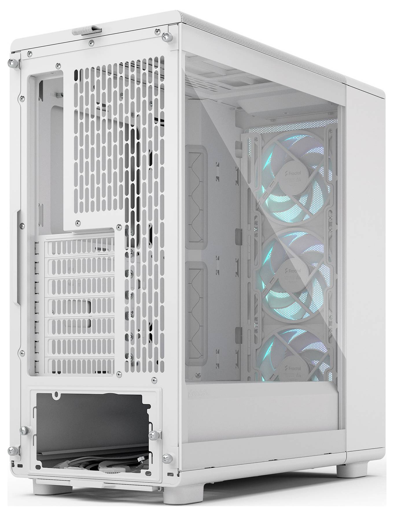 Ein weißes Computer-Tower-Gehäuse mit transparentem Seitenpanel, das drei beleuchtete Lüfter zeigt. Hintere und seitliche Lüftungsöffnungen sind sichtbar.