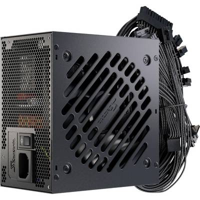 Eine schwarze Computer-Netzteileinheit mit sichtbarem Lüfter und angeschlossenen Kabeln.