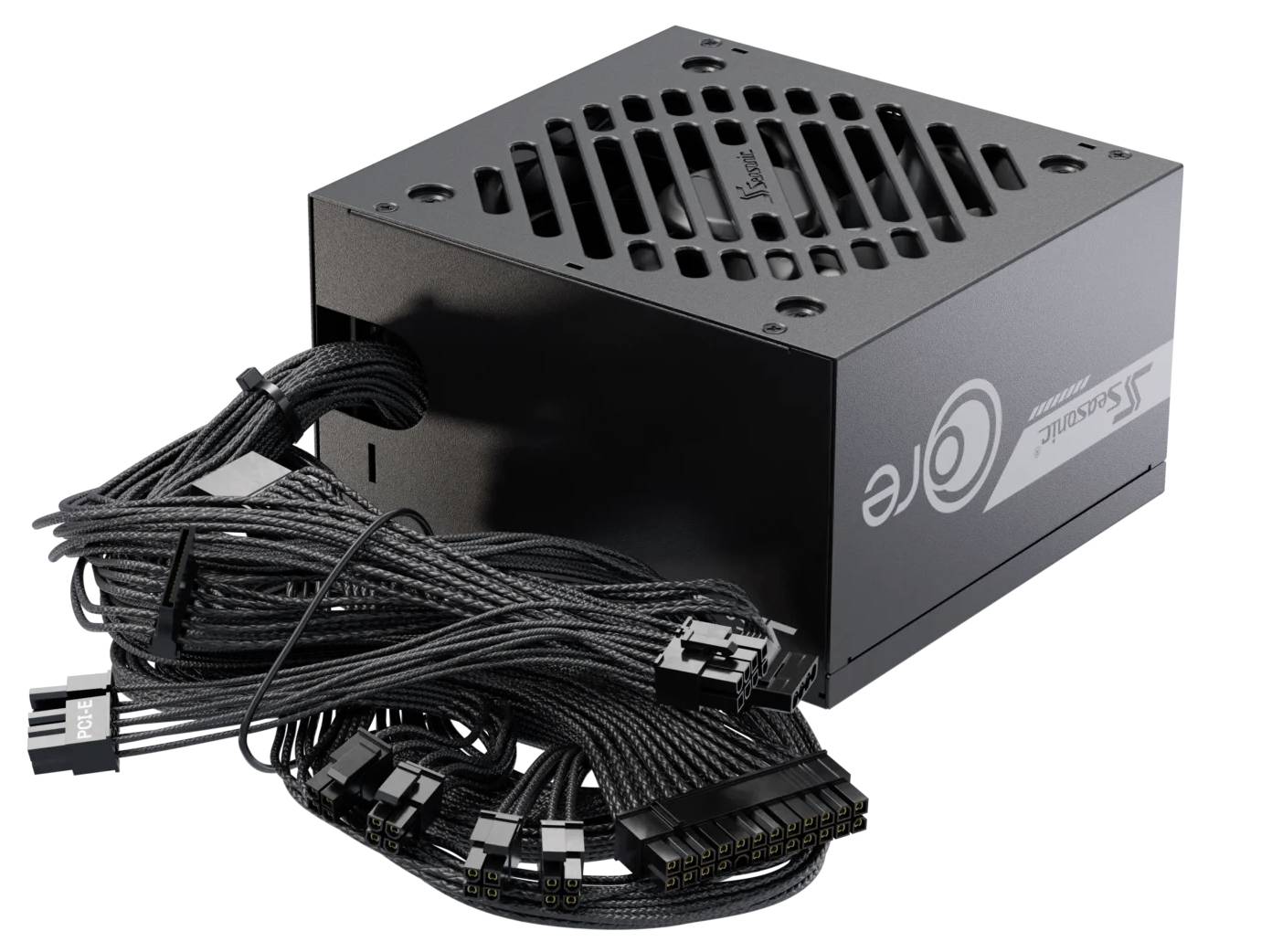 Ein schwarzes Netzteil mit mehreren angeschlossenen Kabeln, konzipiert für Computerhardware. Seitlich mit der Markenbezeichnung 'Seasonic G12' versehen.