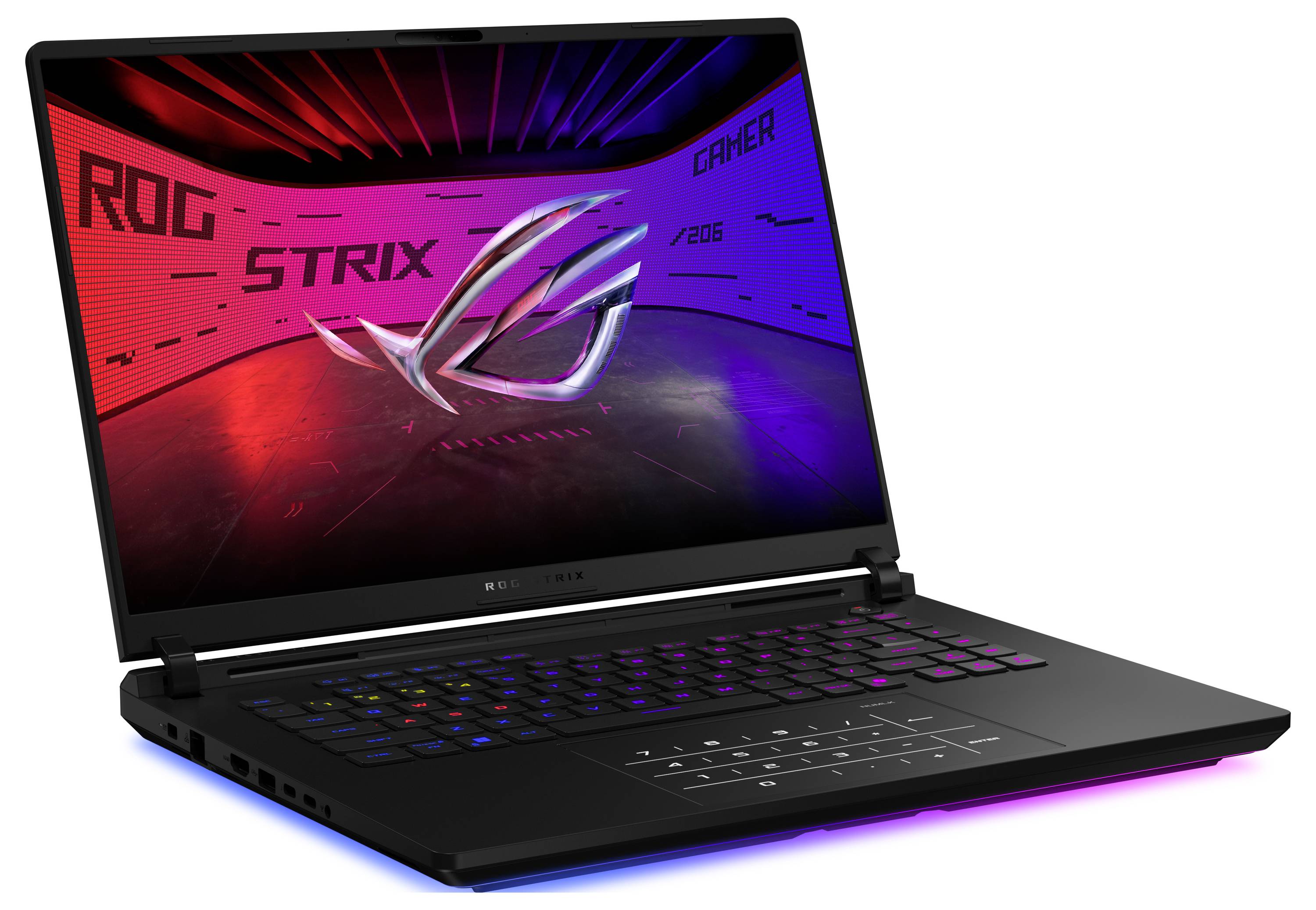 Ein schwarzer Gaming-Laptop mit einer beleuchteten Tastatur zeigt einen farbenfrohen Bildschirm mit dem Text "ROG STRIX" und Gaming-Bildern.