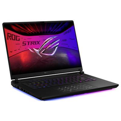 Ein schwarzer Gaming-Laptop mit einer beleuchteten Tastatur zeigt einen farbenfrohen Bildschirm mit dem Text "ROG STRIX" und Gaming-Bildern.