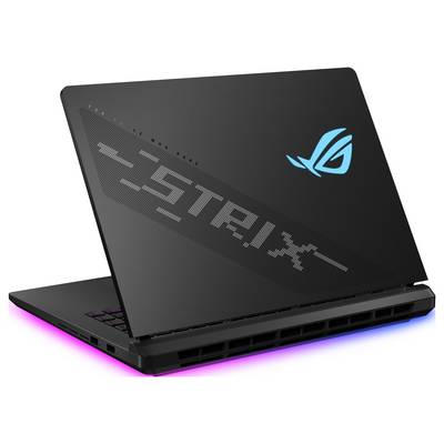 Ein schwarzer Gaming-Laptop mit einem blauen Logo auf dem Deckel und dem Schriftzug 'STRIX'. Die Basis verfügt über RGB-Beleuchtung. Das Design ist schlank und modern.