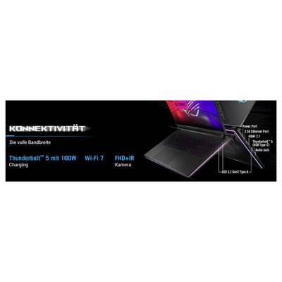 Laptop-Konnektivitätsmerkmale: 'Thunderbolt' 5 mit 100-W-Ladung, WLAN 7, FHD+IR-Kamera. Anschlüsse beschriftet: Netzteil, HDMI 2.1, USB 3.2 Gen2 Typ-A.