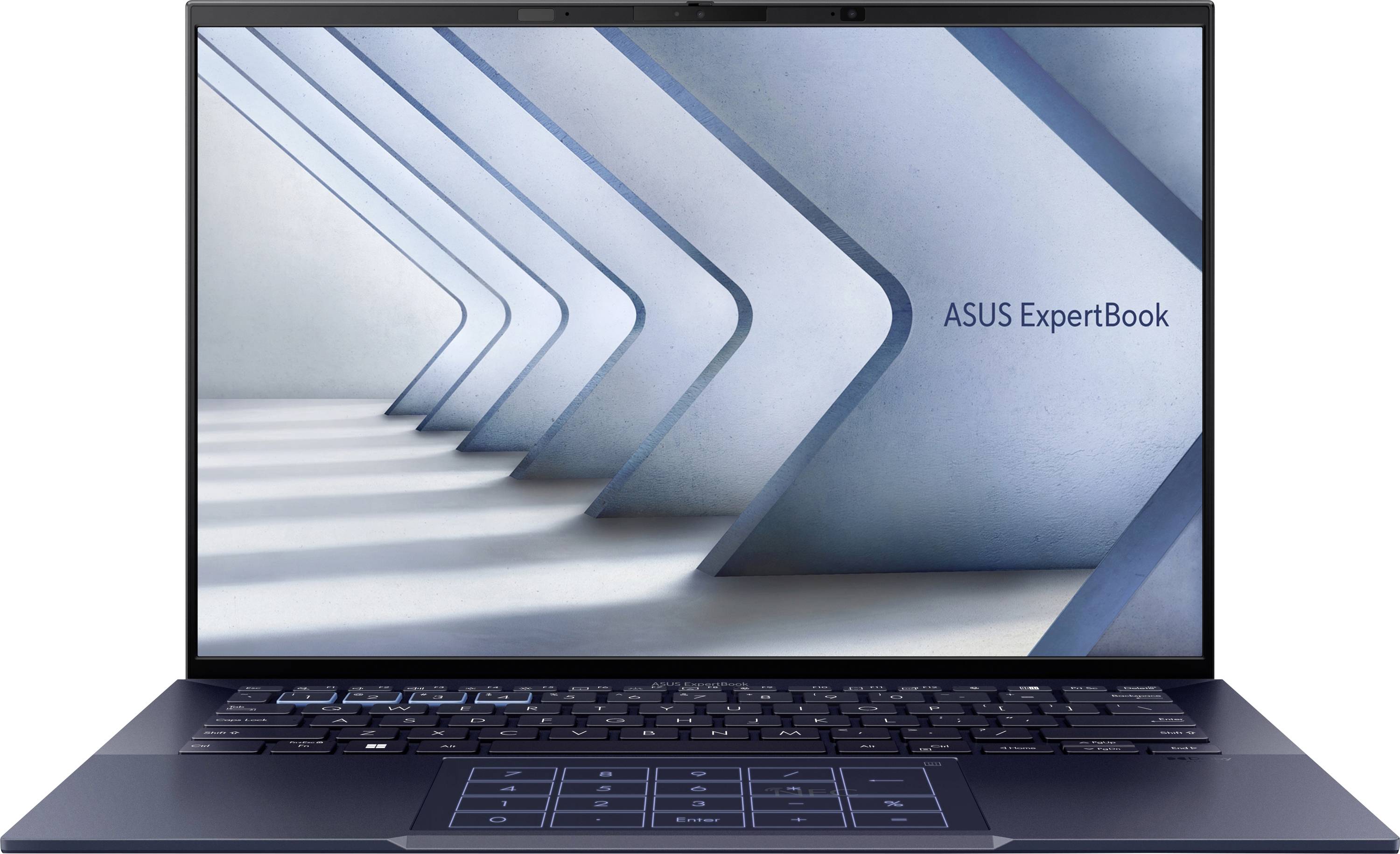 Ein Laptop, der ein abstraktes Design mit schrägen Schatten auf dem Bildschirm zeigt. Die Blau- und Graufarben-Kombination ergänzt die ASUS ExpertBook-Markenidentität.