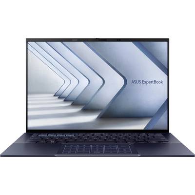 Ein Laptop, der ein abstraktes Design mit schrägen Schatten auf dem Bildschirm zeigt. Die Blau- und Graufarben-Kombination ergänzt die ASUS ExpertBook-Markenidentität.