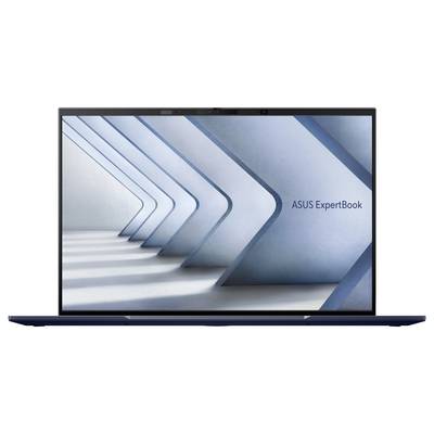 Ein Laptop, der ein geometrisches Design aus blauen und weißen Bögen zeigt, die einen Tunneleffekt erzeugen. Der Bildschirm trägt die Aufschrift "ASUS ExpertBook".