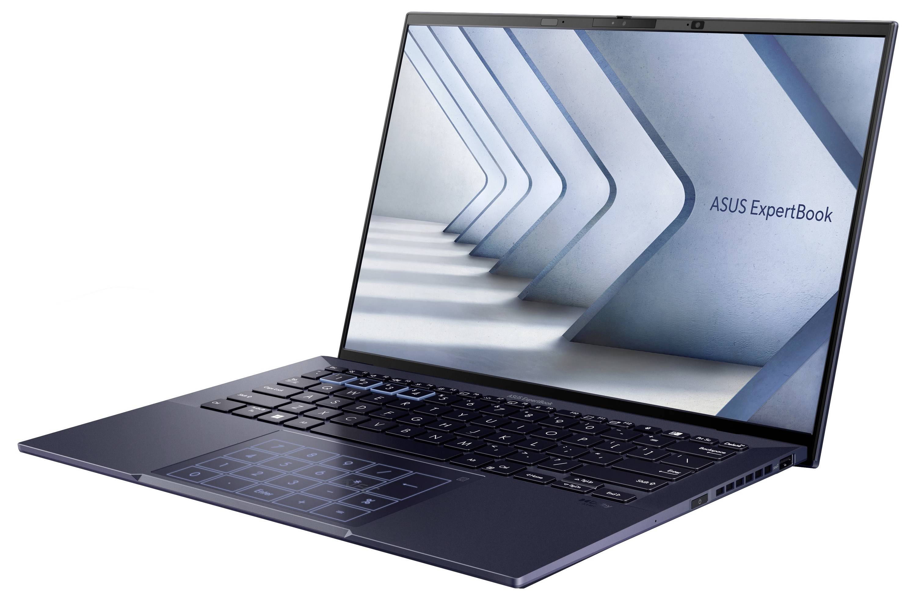 Geöffneter Laptop, der den 'ASUS ExpertBook'-Bildschirm mit einem geometrischen Muster zeigt und dabei das elegante Design und die Mobilität des Geräts betont.