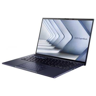 Geöffneter Laptop, der den 'ASUS ExpertBook'-Bildschirm mit einem geometrischen Muster zeigt und dabei das elegante Design und die Mobilität des Geräts betont.