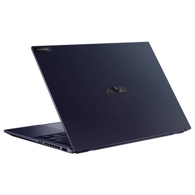 ASUS ExpertBook Laptop, teilweise geöffnet, zeigt ein schlankes, dunkles Design.