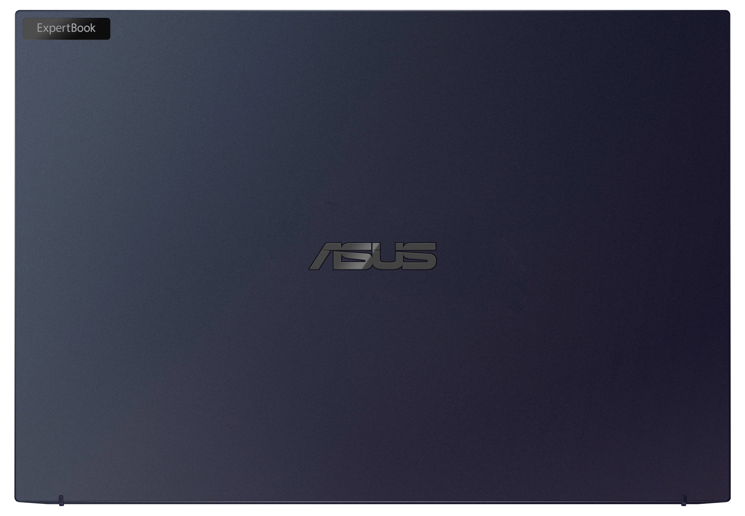Ein geschlossener Laptop mit einer dunkelblauer Abdeckung. Die Logos 'ExpertBook' und 'ASUS' sind auf der Oberfläche sichtbar.