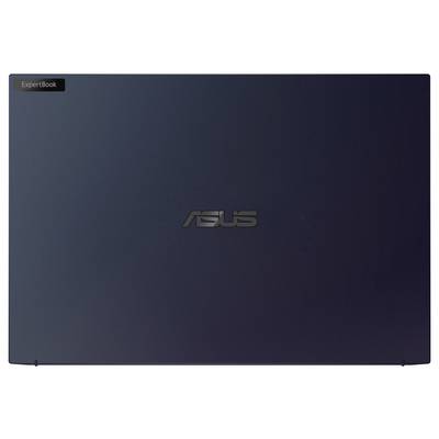 Ein geschlossener Laptop mit einer dunkelblauer Abdeckung. Die Logos 'ExpertBook' und 'ASUS' sind auf der Oberfläche sichtbar.