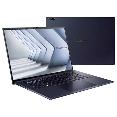 Ein schlanker, offener Laptop mit modernem Design, der einen Bildschirm mit dem Text "ASUS ExpertBook" zeigt. Der Laptop ist dunkel gefärbt und trägt das ASUS-Logo.