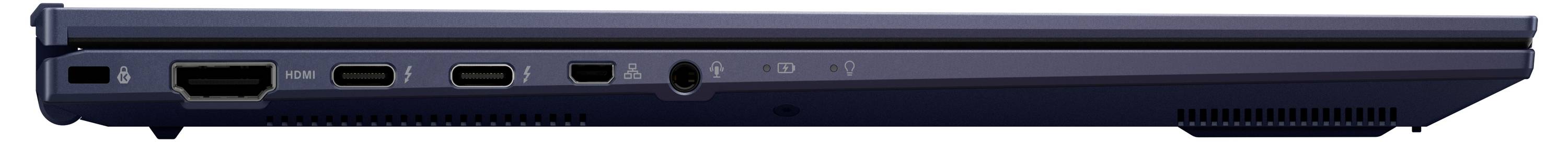 Seitenansicht eines geschlossenen, dünnen Laptops, der Anschlüsse wie HDMI, USB-C und Kopfhörerbuchse an seiner linken Kante zeigt.