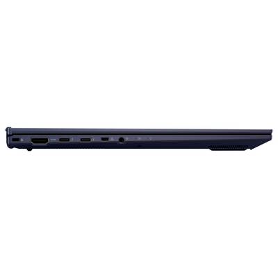 Seitenansicht eines geschlossenen, dünnen Laptops, der Anschlüsse wie HDMI, USB-C und Kopfhörerbuchse an seiner linken Kante zeigt.