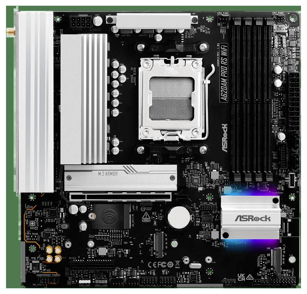 Eine Hauptplatine mit beschrifteten Komponenten, einschließlich Prozessorsockel, Kühlkörpern, RAM-Steckplätzen und einem 'ASRock'-Logo. Geeignet für einen Computeraufbau.
