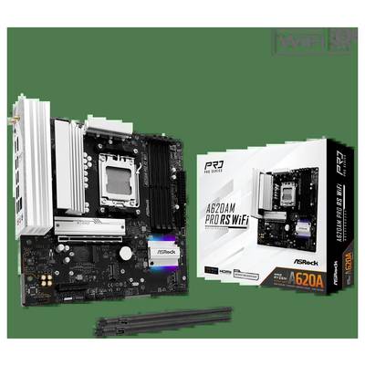 Mainboard mit 'ASRock A620AM PRO RS WiFi' Branding, außerhalb seiner Verpackung dargestellt. Grüner Hintergrund.