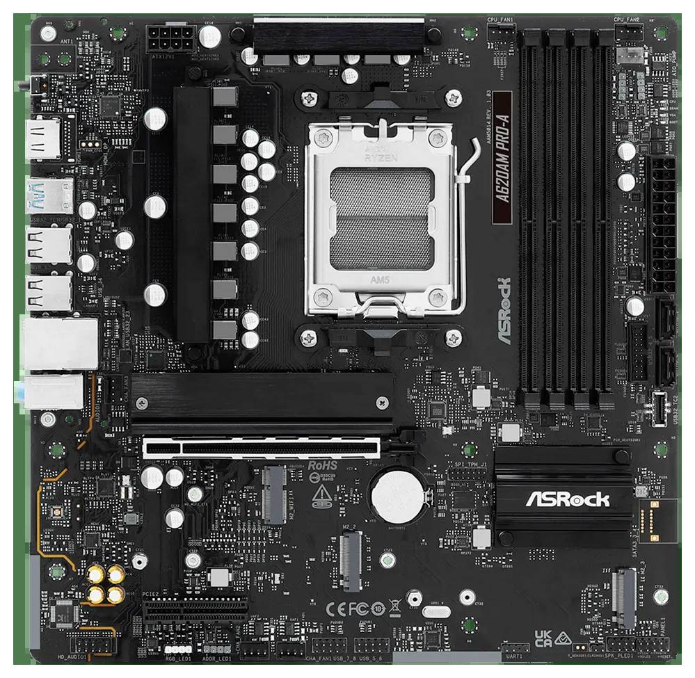 Eine Computermotherboard mit mehreren RAM-Steckplätzen, CPU-Sockel, PCIe-Steckplätzen und verschiedenen Anschlüssen für Peripheriegeräte und Stromversorgung.