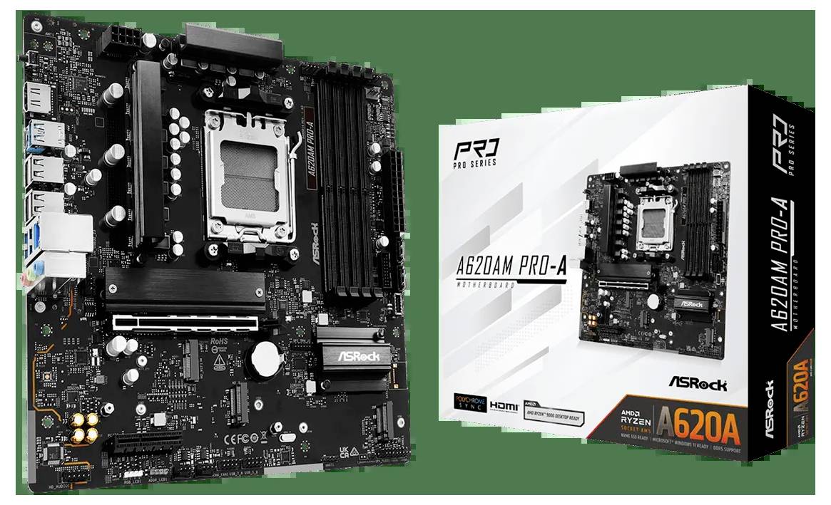 'A620M PRO-A' Motherboard, präsentiert mit seiner Verpackung. Zu den Produkthighlights gehören die Unterstützung von AMD Ryzen-Prozessoren und PCIe 4.0-Steckplätzen.