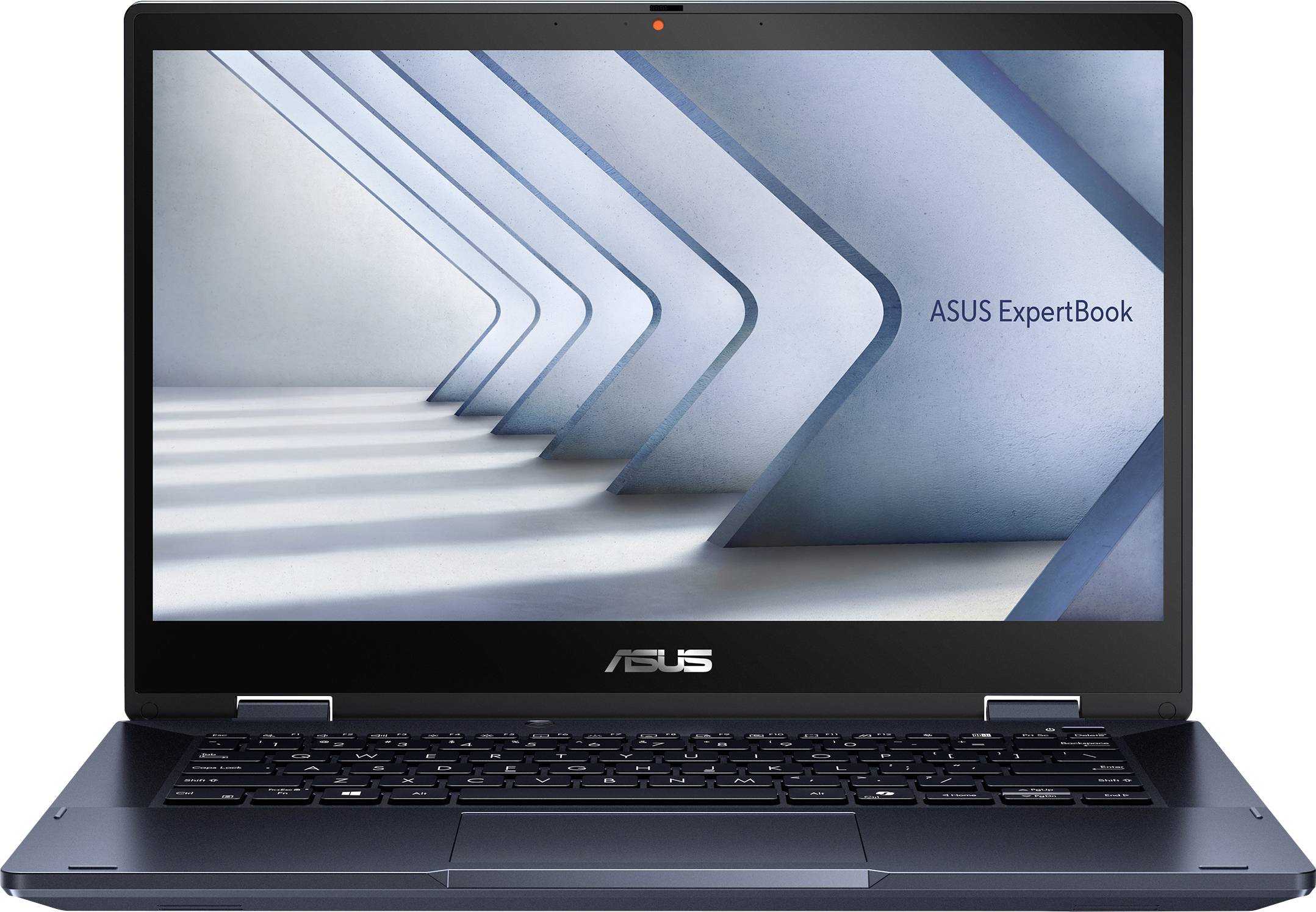 Ein schlankes ASUS ExpertBook Laptop, geöffnet und mit einem abstrakten blauen und weißen geometrischen Design auf dem Bildschirm.