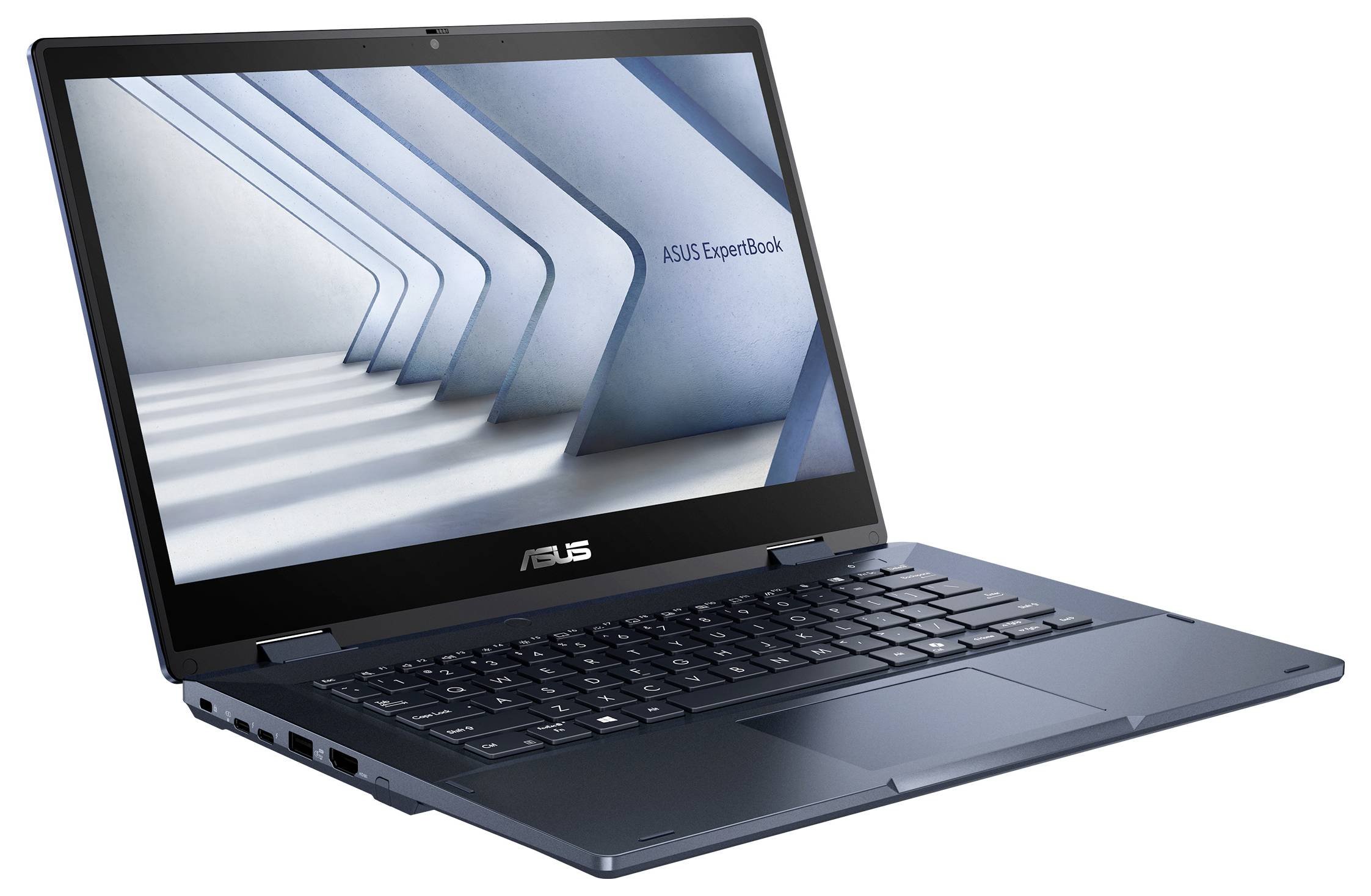 Ein offener Laptop, der ein Bild eines modernen architektonischen Entwurfs auf seinem Bildschirm zeigt. Der Laptop ist schlank und dünn, mit der Markenbezeichnung 'ASUS ExpertBook'.