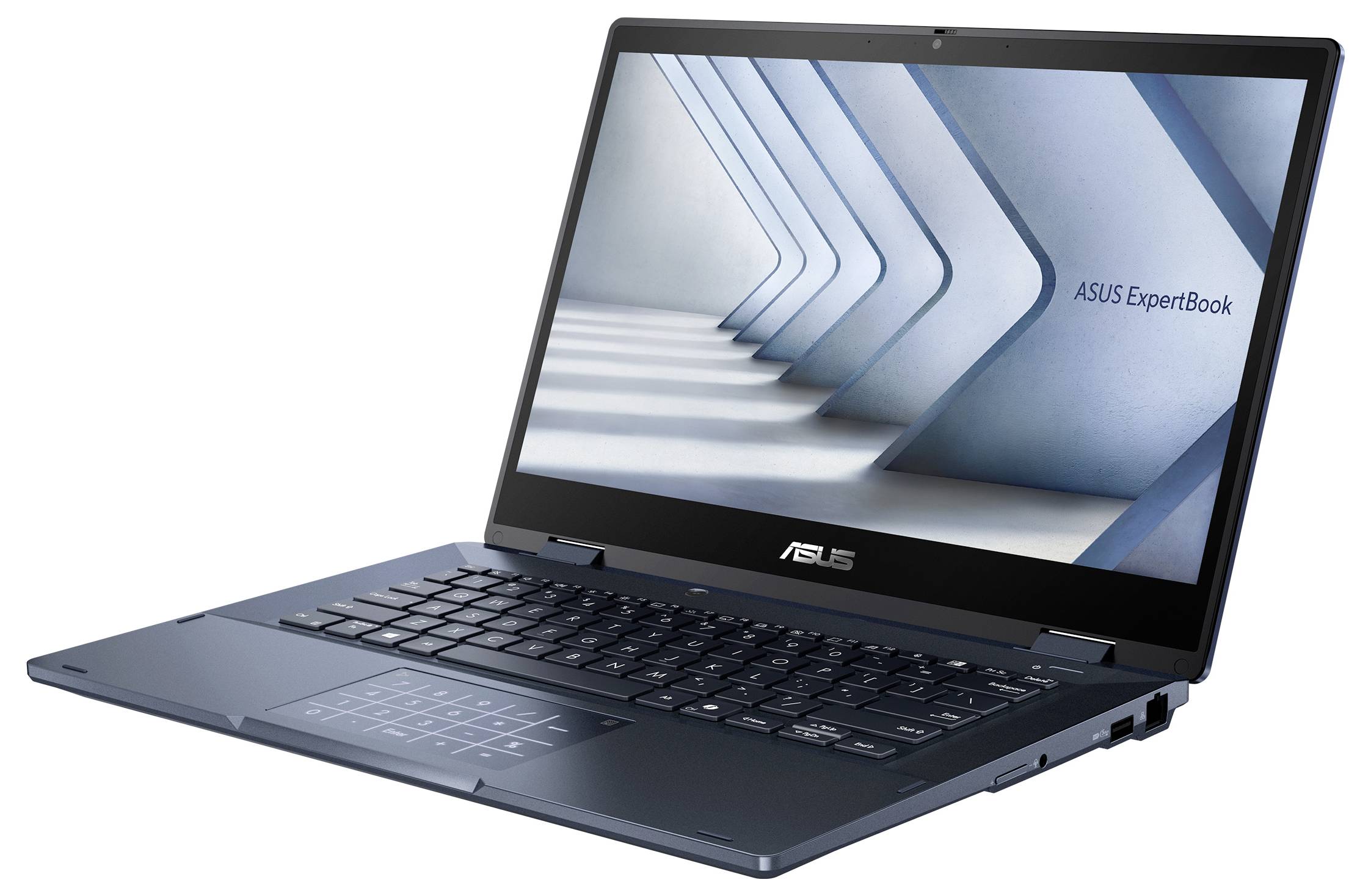Laptop, der ein Bild eines modernen architektonischen Designs zeigt, mit dem Text "ASUS ExpertBook" auf dem Bildschirm. Tastatur sichtbar mit Zahlenblock.