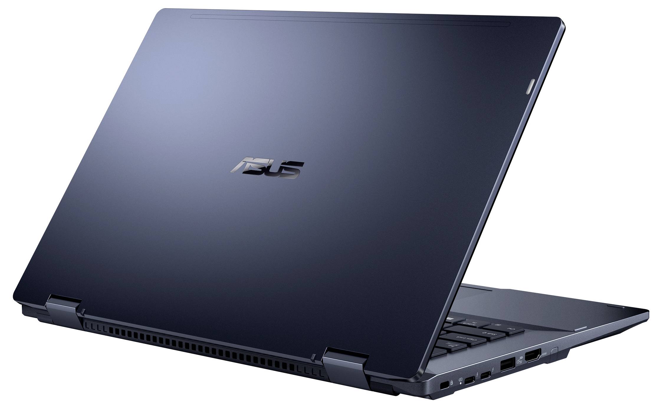 Ein schlankes, dunkelblau-farbenes Laptop, das halb geöffnet ist und die Rückseite mit einem 'ASUS' Logo zeigt, mit Anschlüssen an der Seite, was ein modernes Design andeutet.