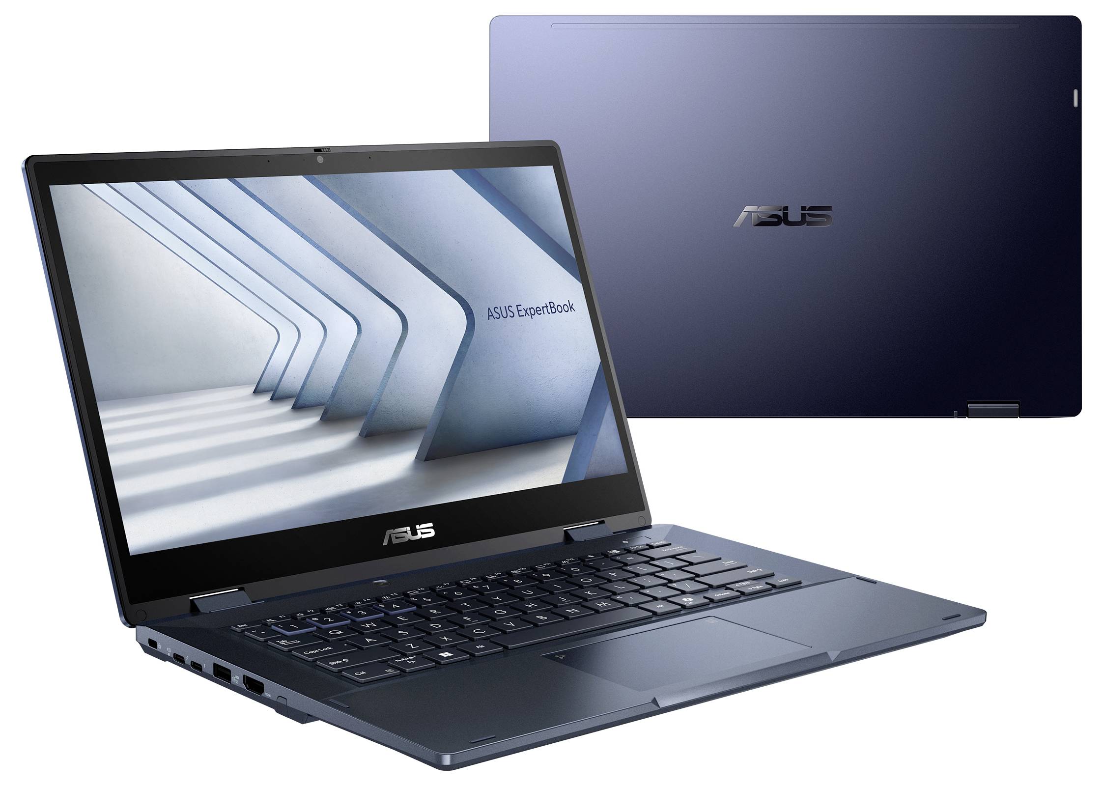 ASUS-Laptop geöffnet, mit einem modernen Innendesign auf dem Bildschirm, das klare Linien betont; geschlossen zeigt er ein minimalistisches Logo auf dem Deckel.