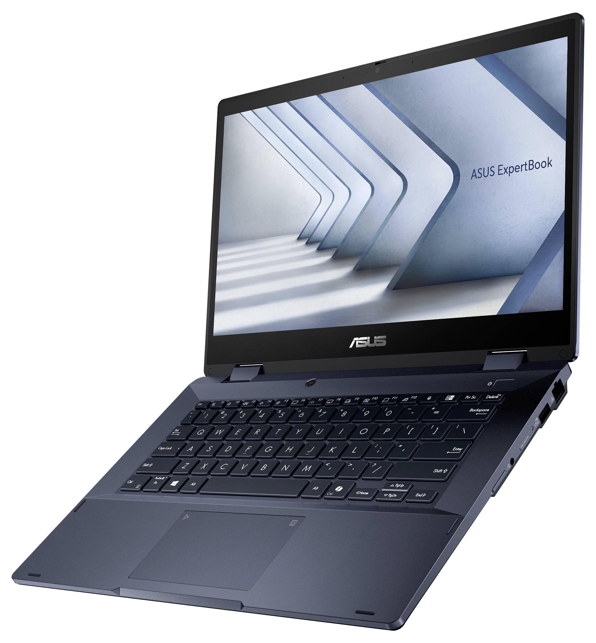 Ein Laptop mit einem Bildschirm, auf dem ein geometrisches Design und der Text "ASUS ExpertBook" zu sehen ist. Das Gerät verfügt über eine schwarze Tastatur und ist leicht geöffnet angewinkelt.