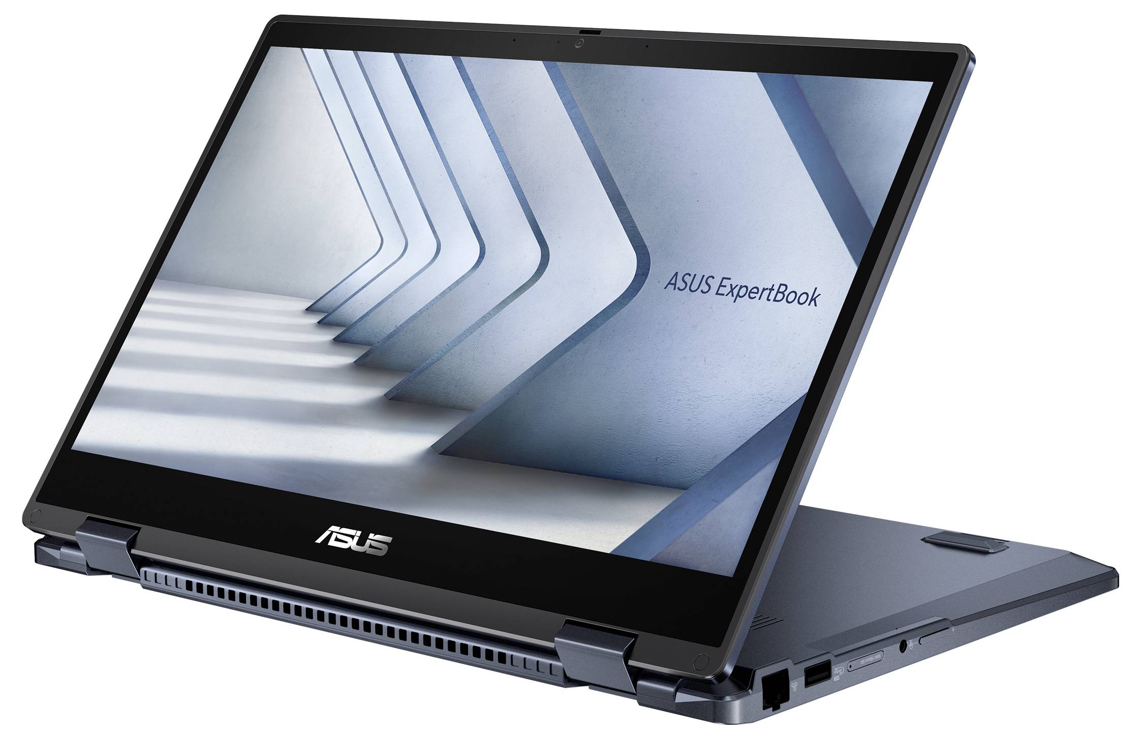 Ein Laptop mit dem Titel 'ASUS ExpertBook' im Tabletmodus, der ein geometrisches Muster auf dem Bildschirm zeigt. Das Design ist schlank mit sichtbaren Anschlüssen.
